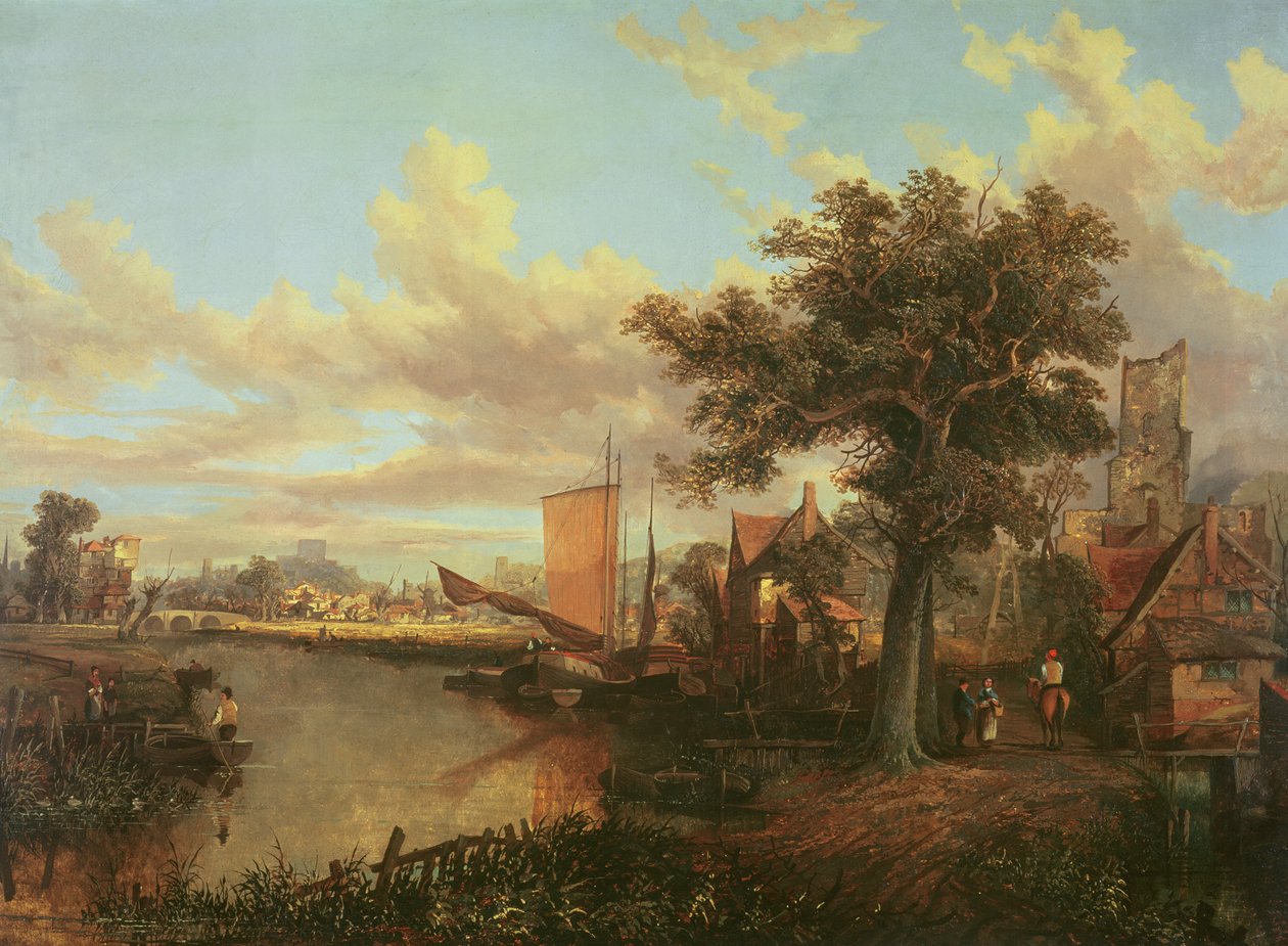 Yare-floden med en fjern udsigt over Norwich, ca. 1840 af English School