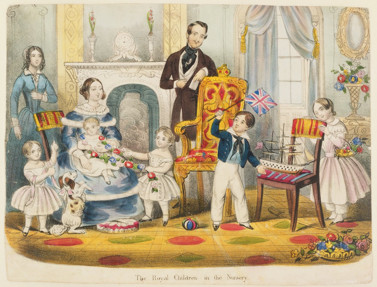 De kongelige børn i vuggestuen (farvet litho) af English School