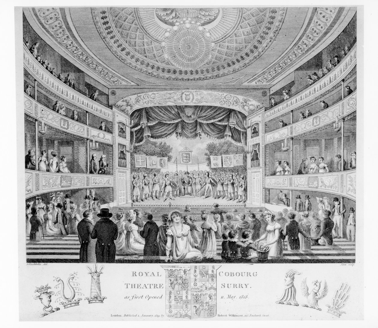 The Royal Cobourg Theatre, Surry, 1818 af English School