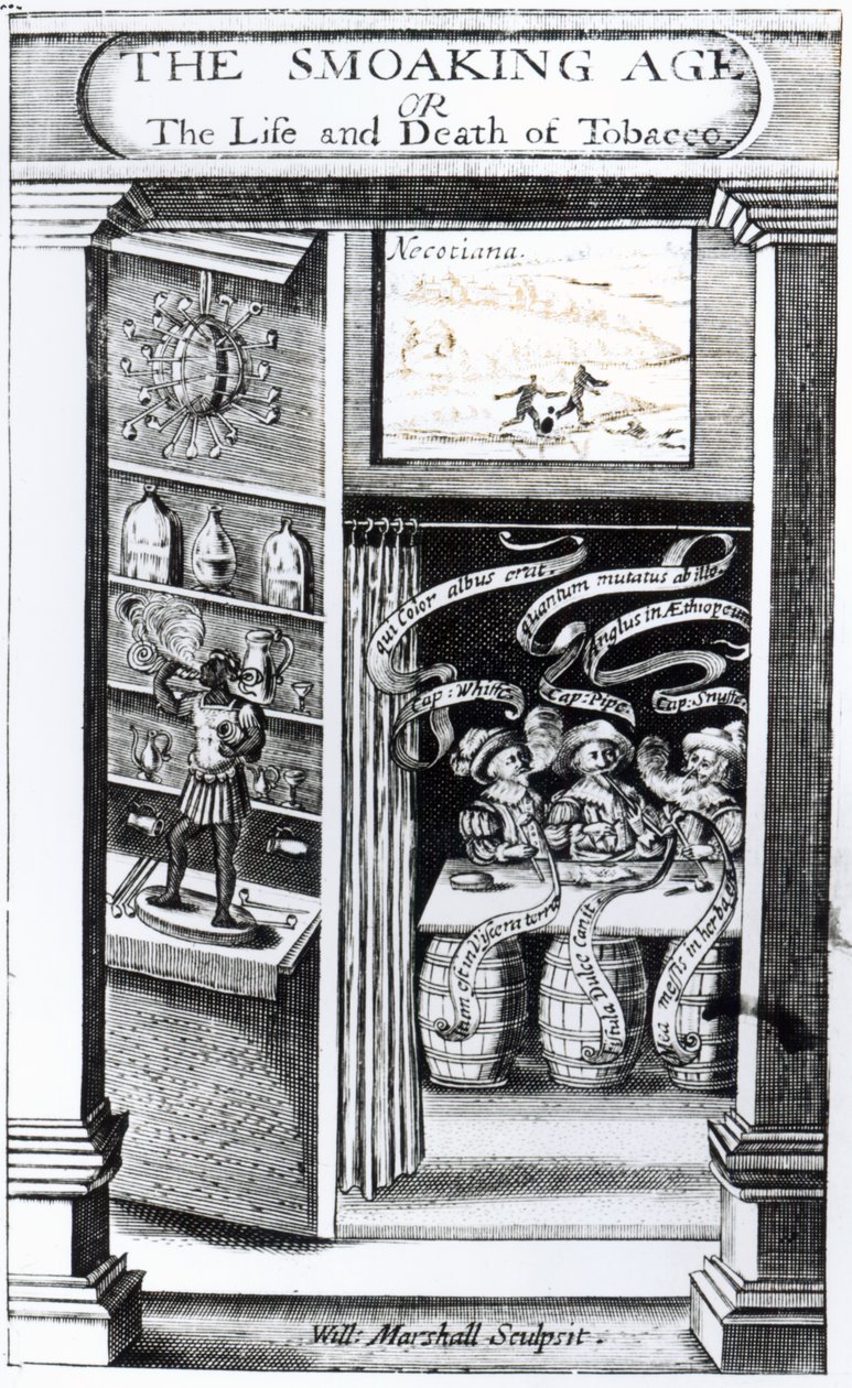 Rygetiden eller tobakkens liv og død, indgraveret af William Marshall, 1617 af English School