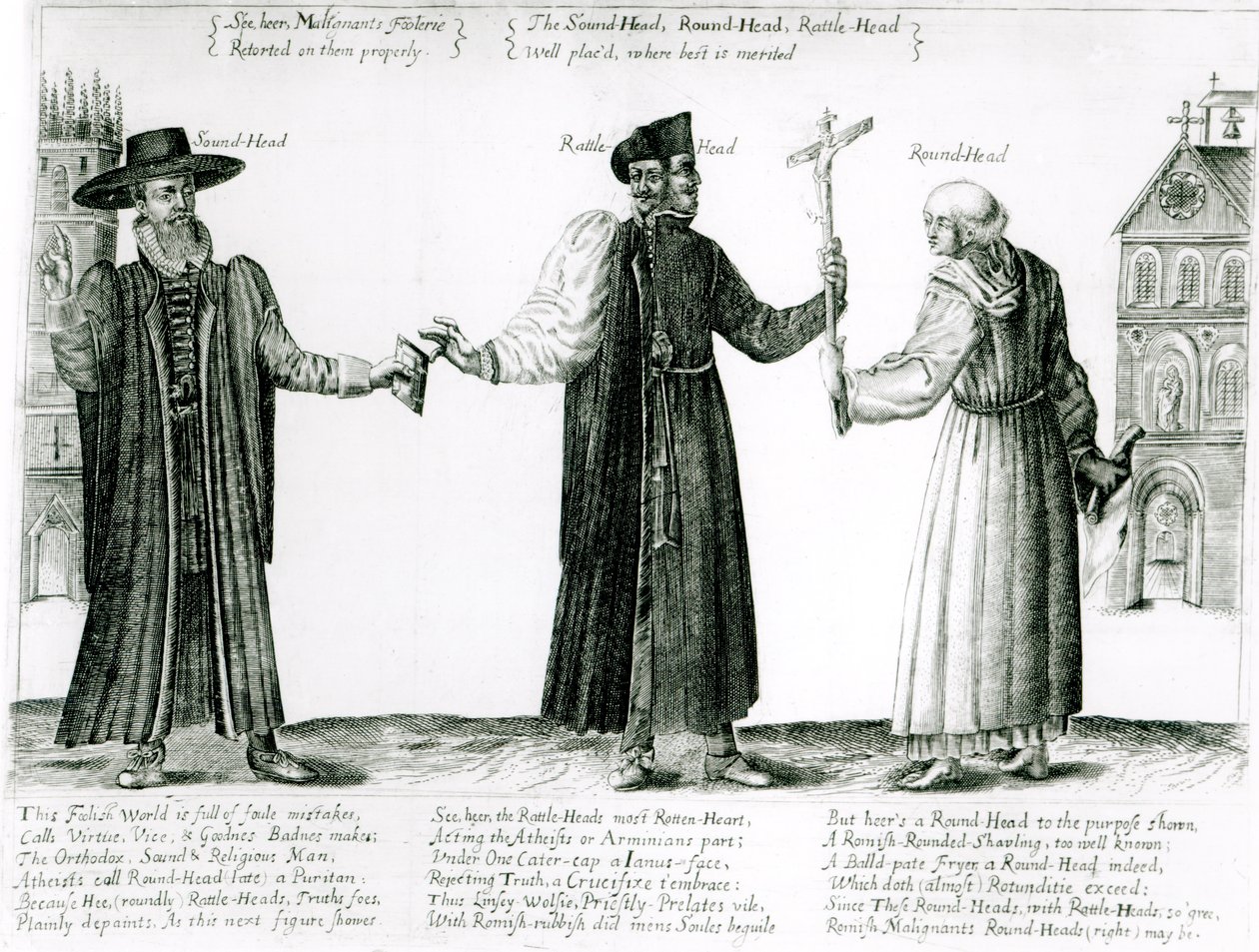 Lydhovedet, raslende hovedet og det runde hoved, 1642 af English School