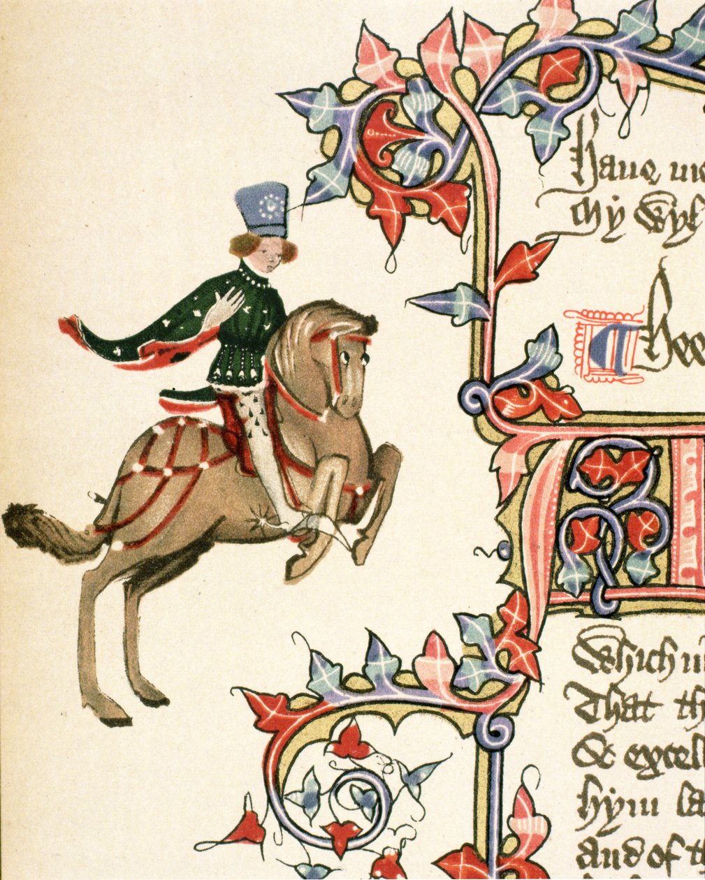 The Squire, detalje fra The Canterbury Tales, af Geoffrey Chaucer (c.1342-1400) Ellesmere Manuscript, faksimileudgave, 1911 (for originale detaljer, se 128934) af English School