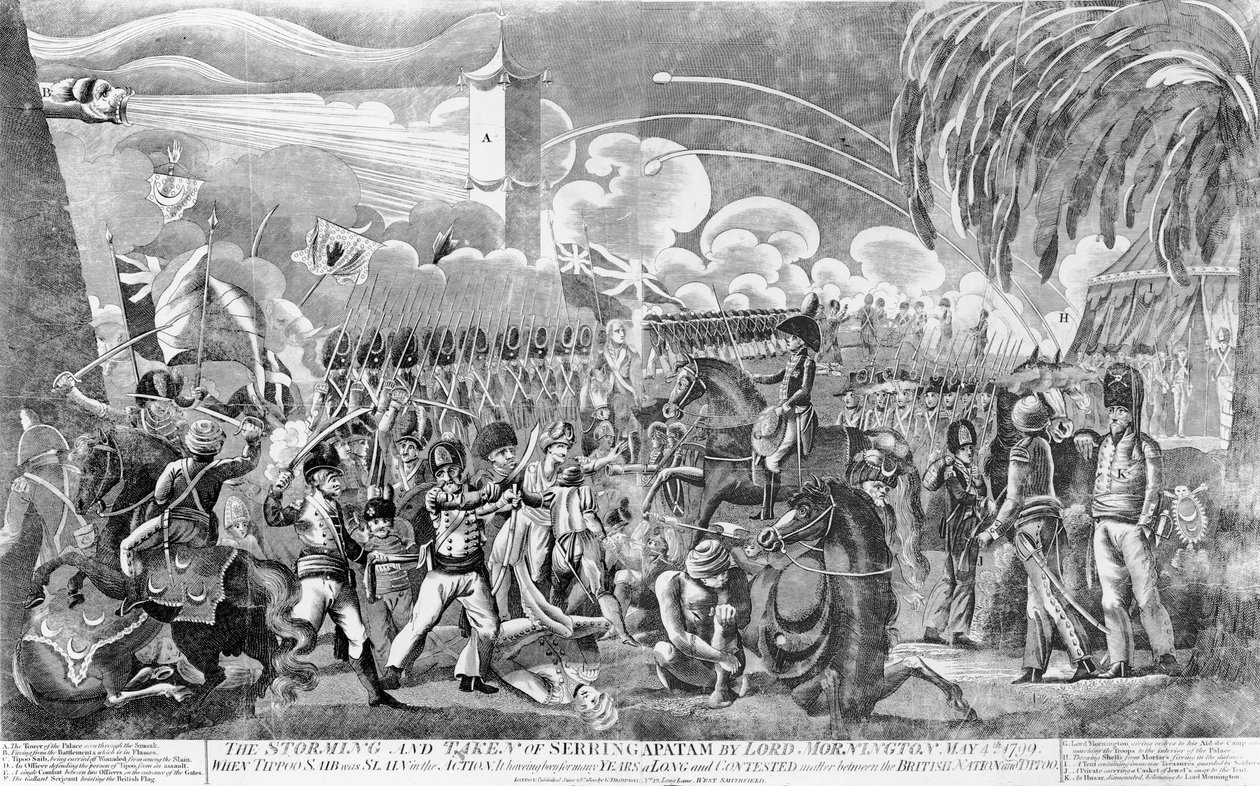The Storming and Capture of Seringapatam af Lord Mornington, 4. maj 1799, pub. af G. Thompson, 1800 af English School