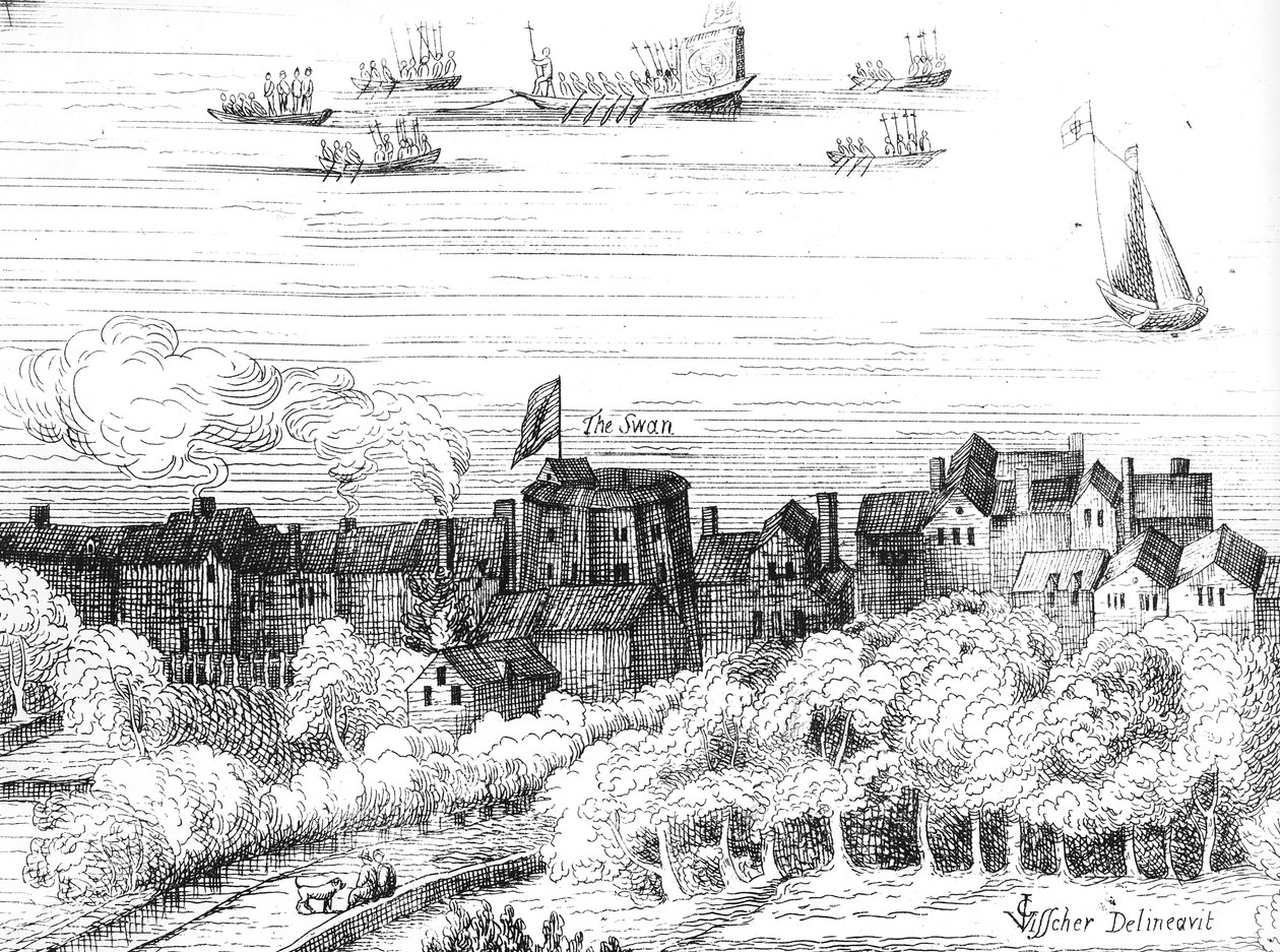 The Swan Theatre on the Bankside, som det så ud i 1614 af English School