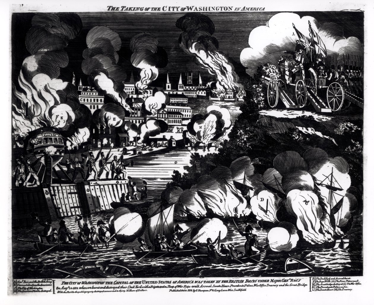 The Take of the City of Washington i Amerika, 24. august 1814, pub. af G. Thompson, 1814 af English School