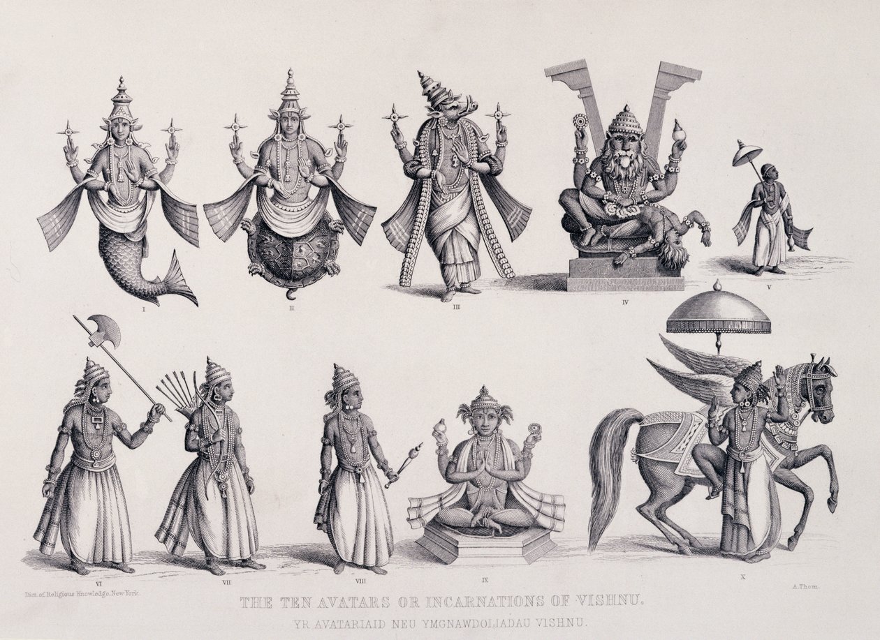 De ti avatarer eller inkarnationer af Vishnu, indgraveret af A. Thorn, fra 
