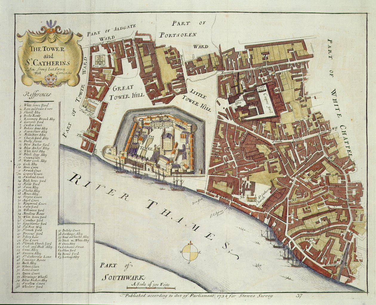 The Tower og St. Catherines, for Stows Survey of London, pub. 1754 (se 94440 for detaljer) af English School