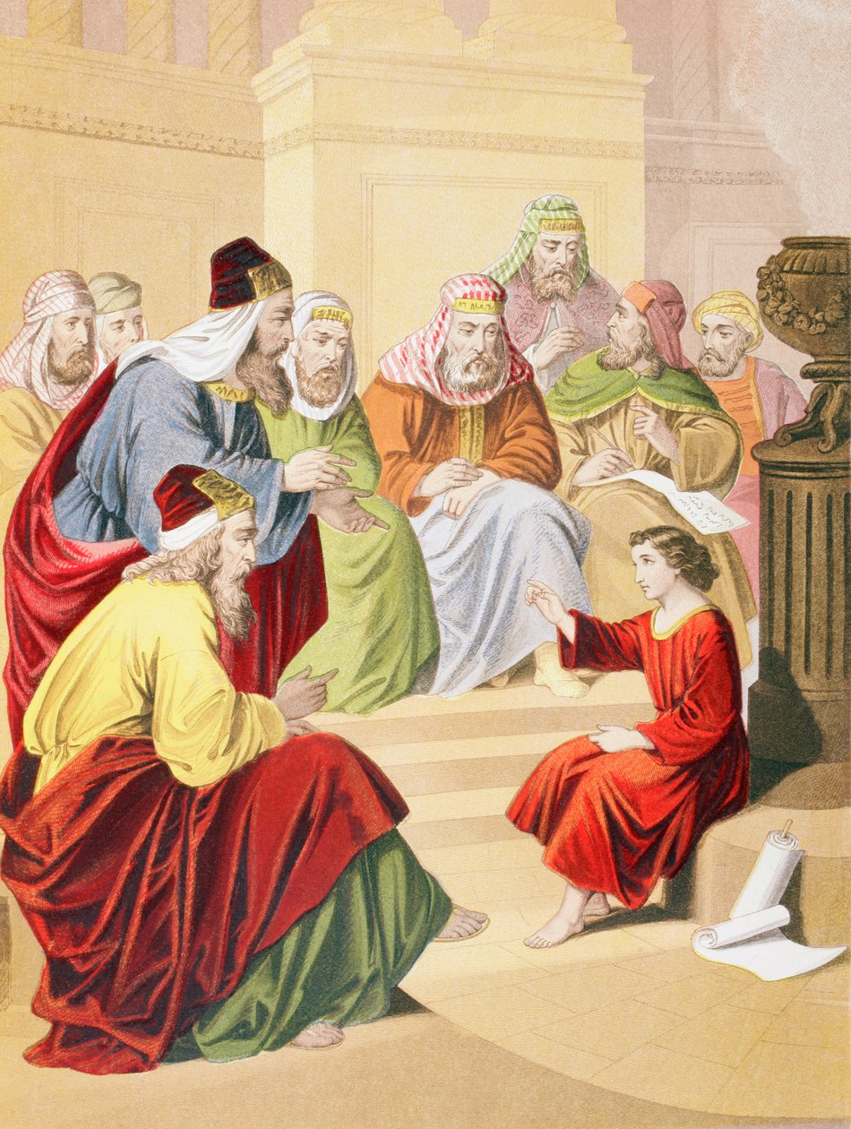 Drengen Jesus diskuterer med præster og lærere i templet af English School