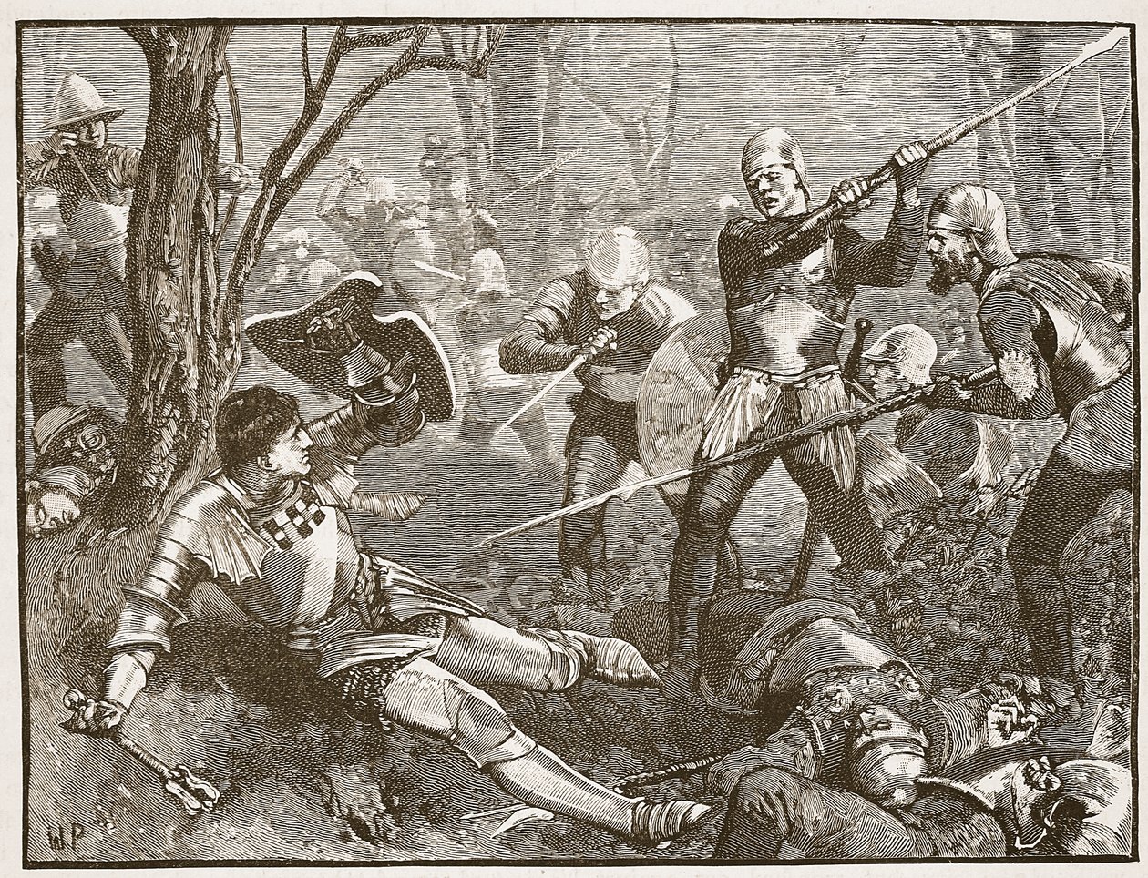Kongemagerens død i slaget ved Barnet, ca. 1880, illustration fra Cassells Illustrated History of England (sepiafoto) af English School