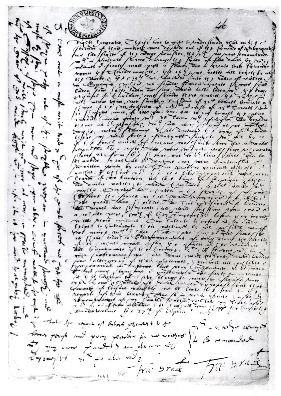 Sir Francis Drakes (ca.1540-96) skriftlige depecher fra Cadiz, 1587 (pen og blæk på papir) af English School