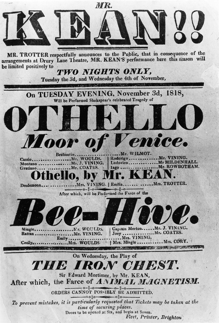 Theatre Bill reklameforestillinger af Mr. Kean, 1818 (trykt papir) af English School