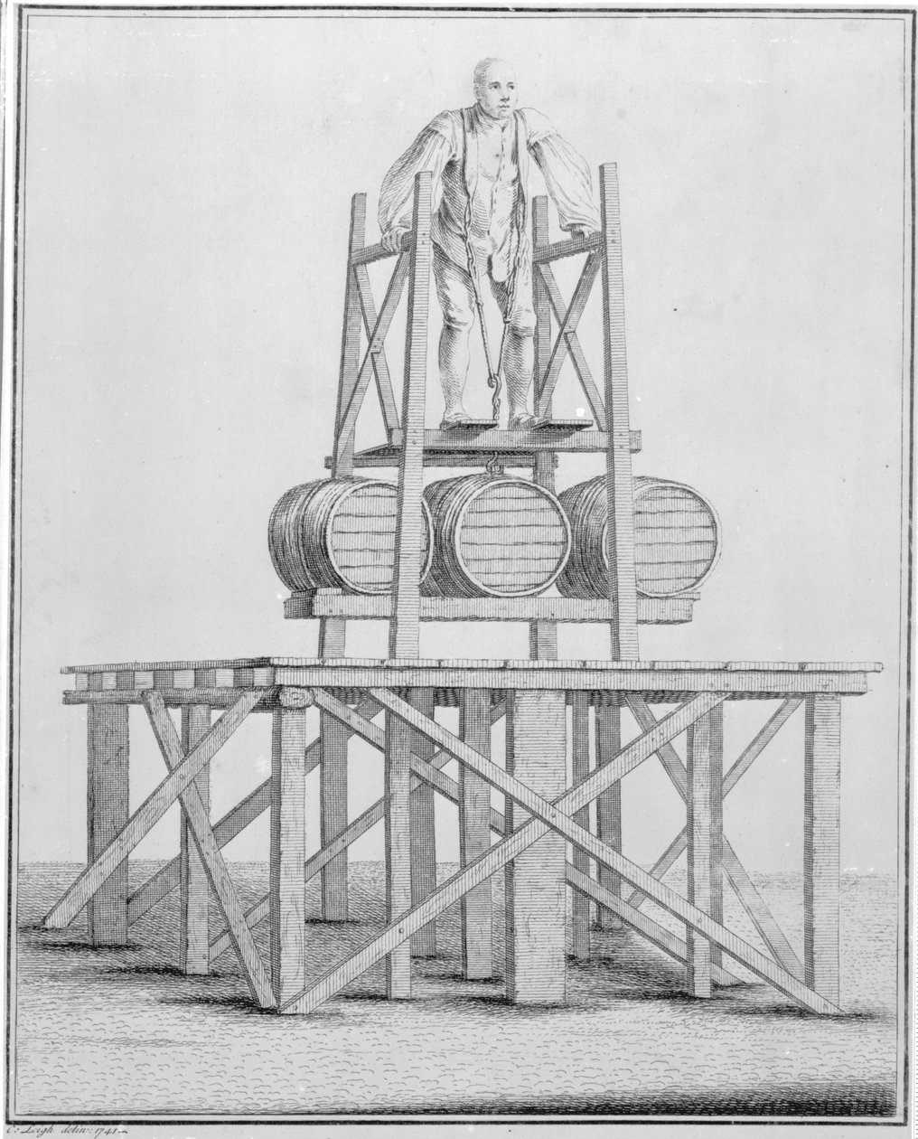 Thomas Topham the Strongman løfter vandtønder med en vægt på 1836 lbs, 1741 af English School