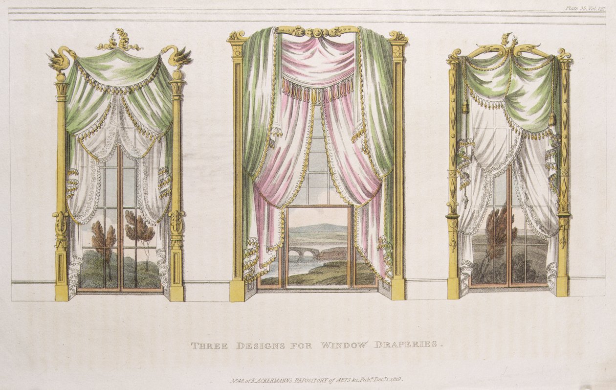 Tre designs til vinduesgardiner, plade 107 fra Ackermanns Repository of Arts, udgivet 1819 af English School