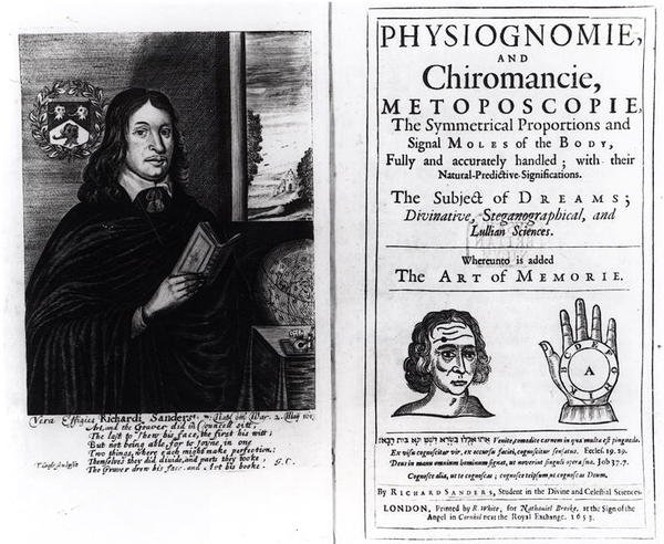 Titelside af Physiognomie and Chiromancie: The Art of Memory af Richard Sanders, med et portræt af forfatteren, udgivet i 1653 af English School