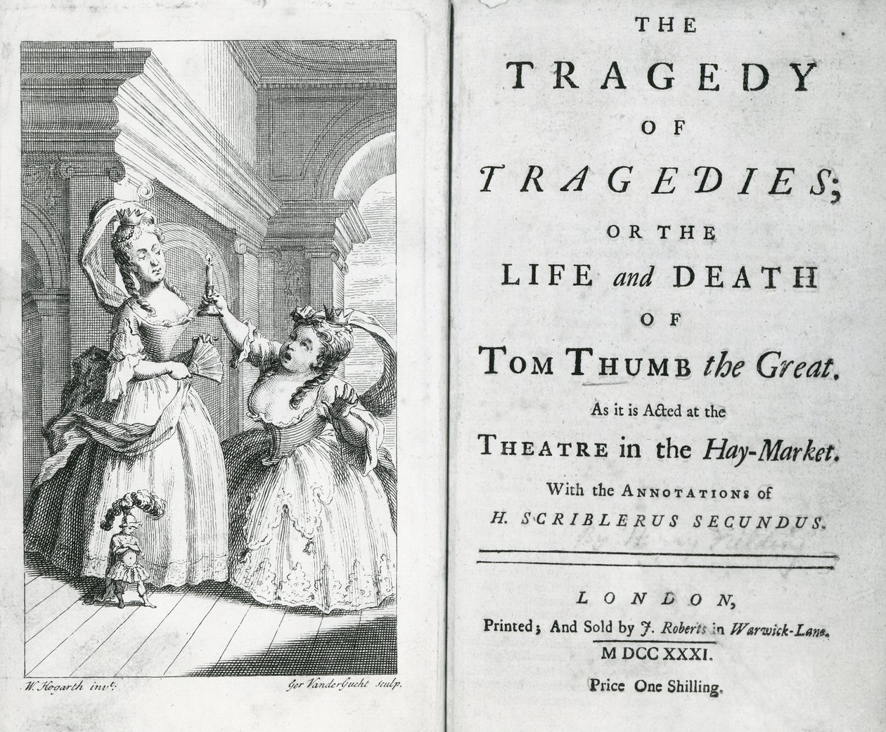 Titelside på manuskriptet til Tom Thumb, 1731 af English School