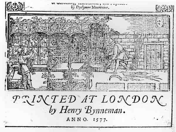 Titelblad fra en bog om havearbejde af Dydymus Mountaine, pub. i 1577 af English School
