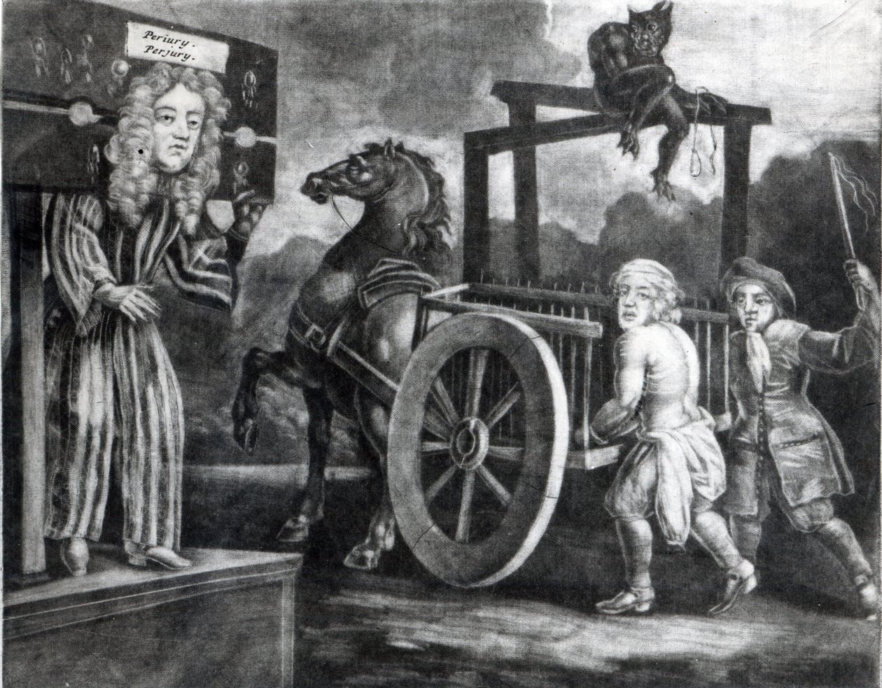 Titus Oates på den tredje dag af sin straf i 1685, da han blev strippet, bundet til en vogn og pisket fra Aldgate til Newgate af English School