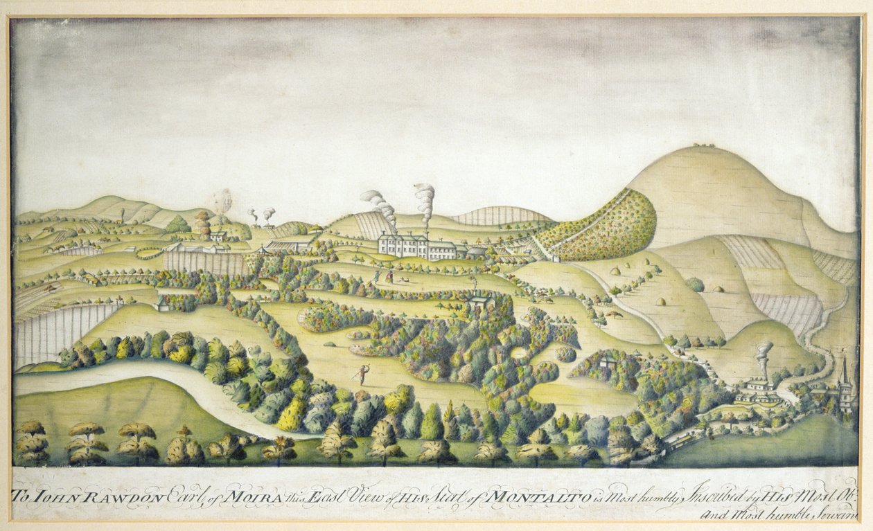 Til John Rawdon, jarl af Moira, denne østlige udsigt over hans sæde i Montalto, ca. 1800 (pen og wc) af English School
