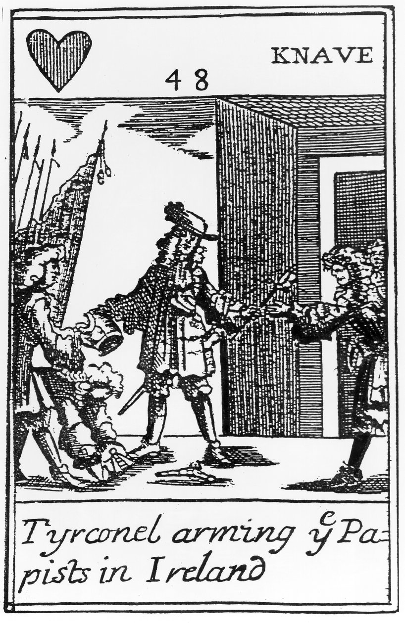 Tyrconnel Arming the Papists in Ireland, anti-katolsk spillekort til minde om den glorværdige revolution i 1688 (se 115649) af English School