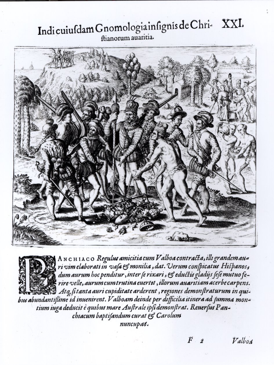 Vasco Nunez de Balboa (1475-1519) demonstrerer de kristnes griskhed af English School