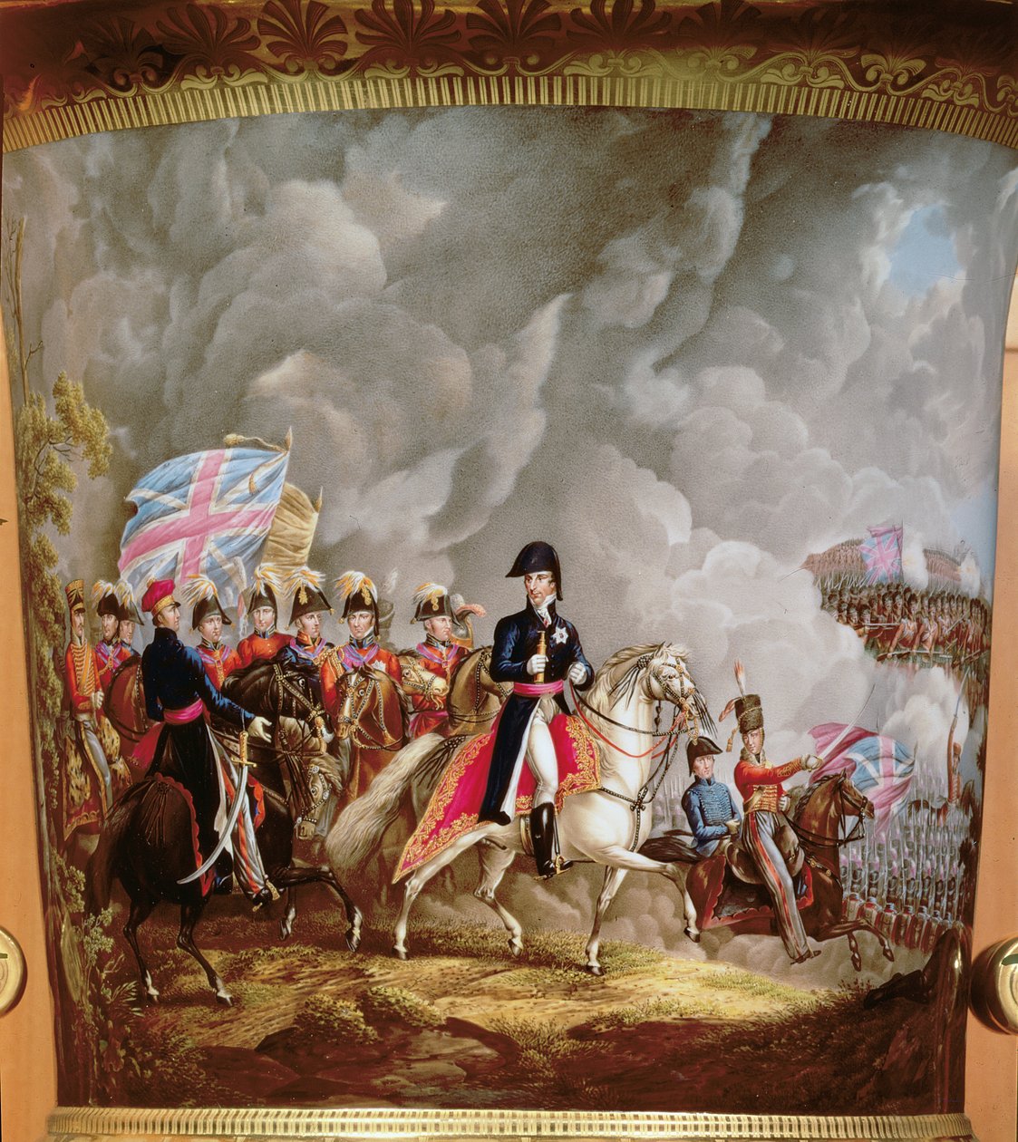 Vase med afbildning af Wellington og hans officerer ved slaget ved Waterloo i 1815 (keramik) af English School