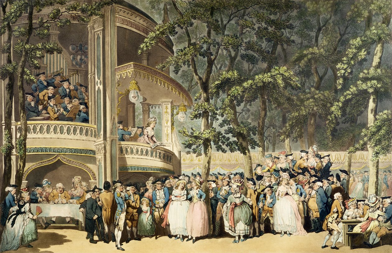 Vauxhall Gardens, af R. Pollard, efter akvarellen af Thomas Rowlandson (1756-1827) af English School