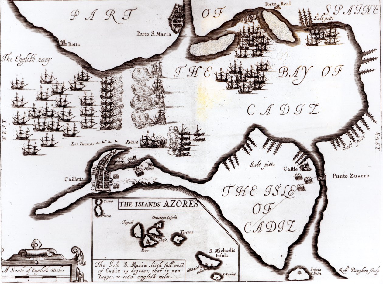 Den engelske kongelige flådes sejr i Cadiz-bugten, indgraveret af Robert Vaughan (fl.1622-78) af English School