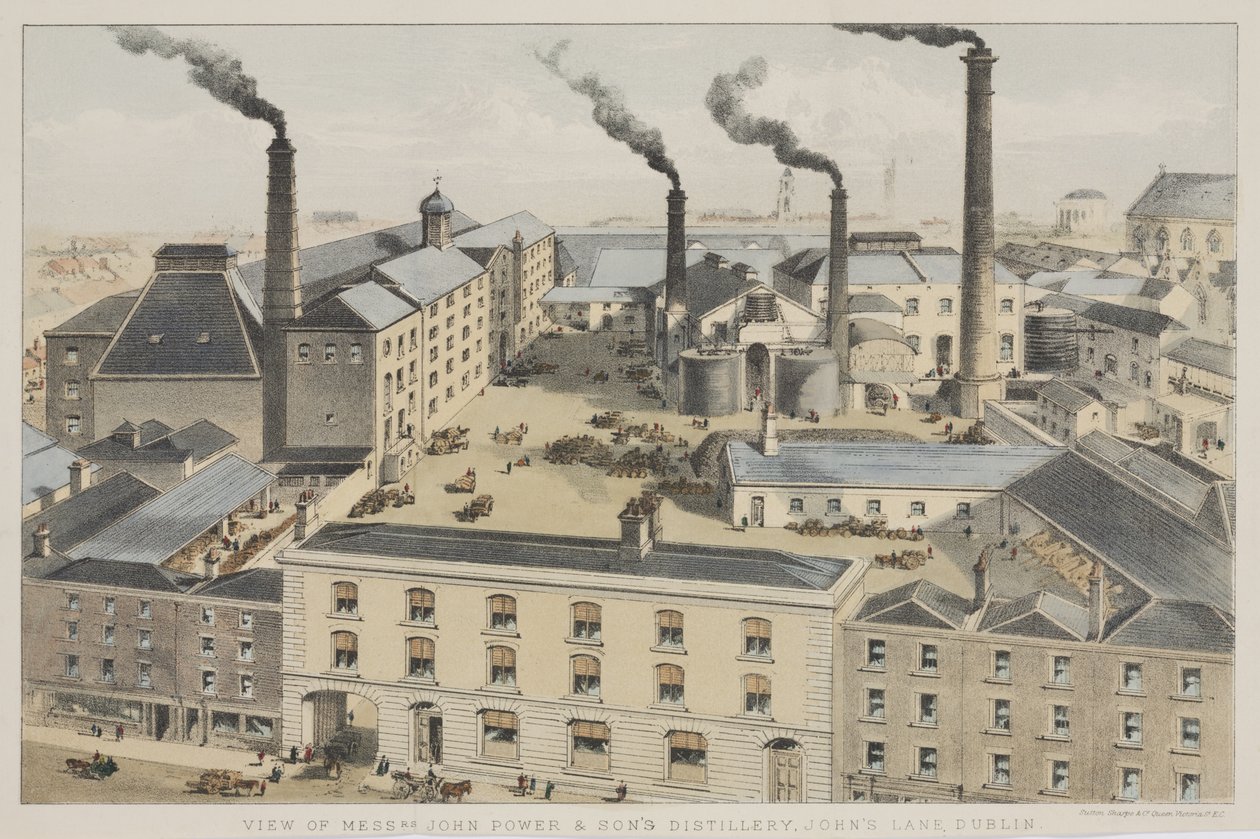 Udsigt over Mrs. John Power & Sons Distillery, Johns Lane, Dublin, ca. 1845 af English School