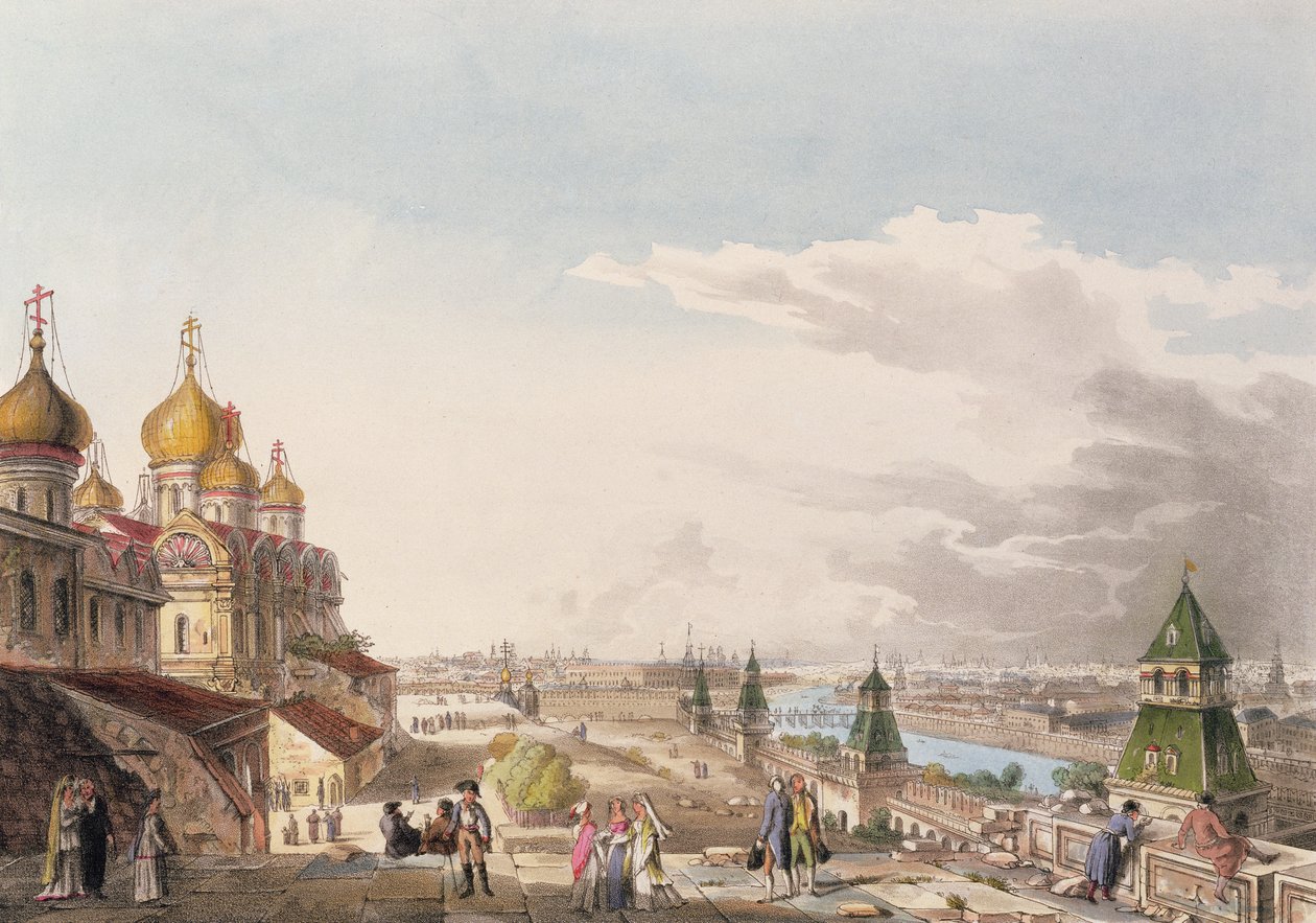 Udsigt over Moskva Taget fra det kejserlige palads, plade 4 fra Historical Sketch of Moscow, pub. af Rudolph Ackermann (1764-1834) 1813 (akvatint) af English School