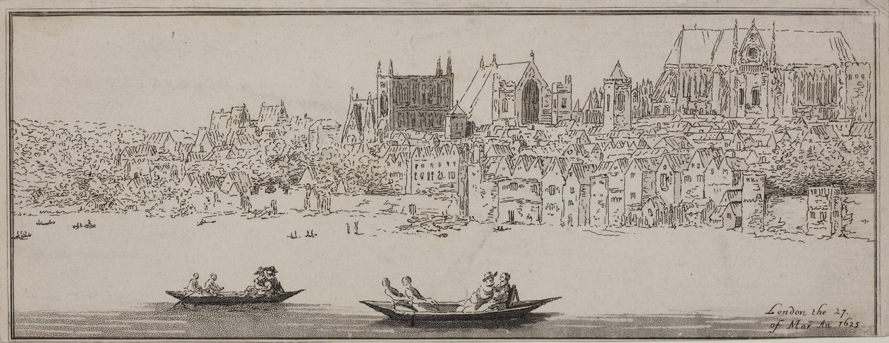 Udsigt over Westminster Abbey og Palace of Westminster fra Themsen med både i forgrunden, ca. 1750 (ætsning og akvatint) af English School