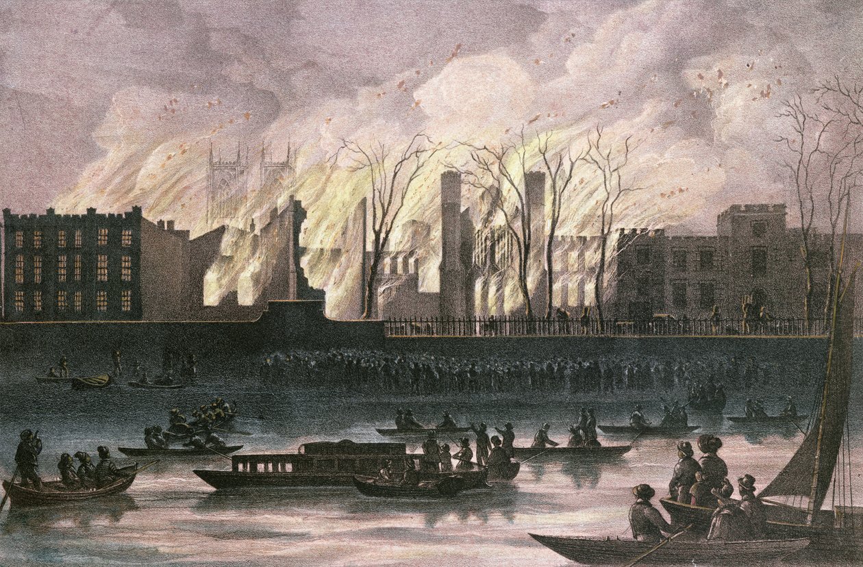 Udsigt til en brand ved Whitehall Palace (pastel på papir) af English School
