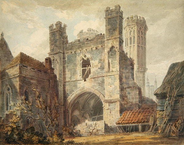 Udsigt over et ødelagt landsted, 1853-84 af English School