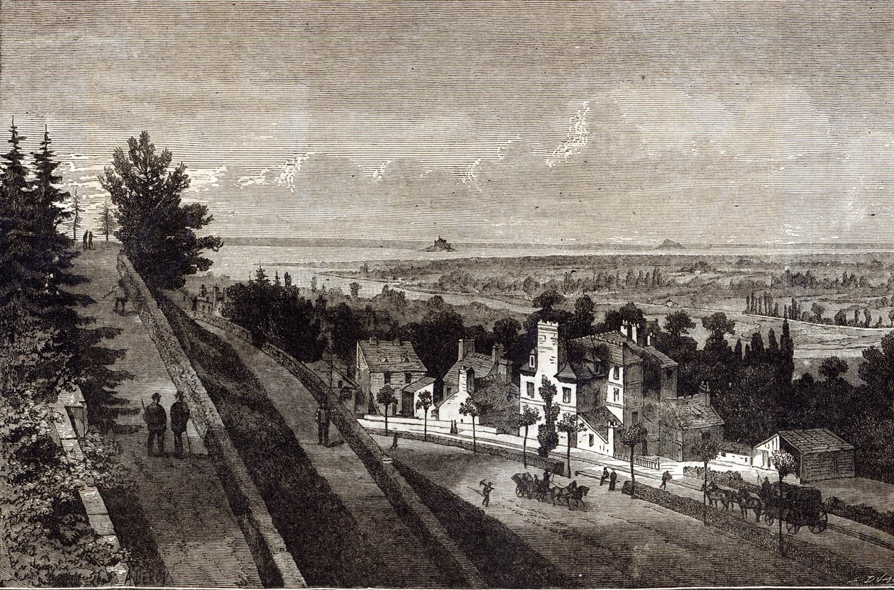 Udsigt over bugten ved Mount St. Michael, fra Avranches, Normandiet, fra The Graphic, 1877 af English School
