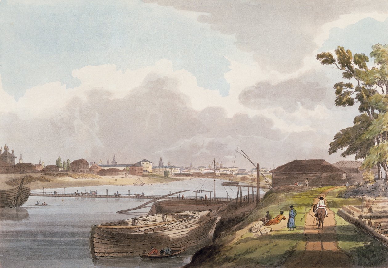 Udsigt over byen Moskva fra bredden af Moskva og nær Klosteret Spas na Novoi, plade 2 fra Historical Sketch of Moscow, pub. af Rudolph Ackermann (1764-1834) 1813 (akvatint) af English School