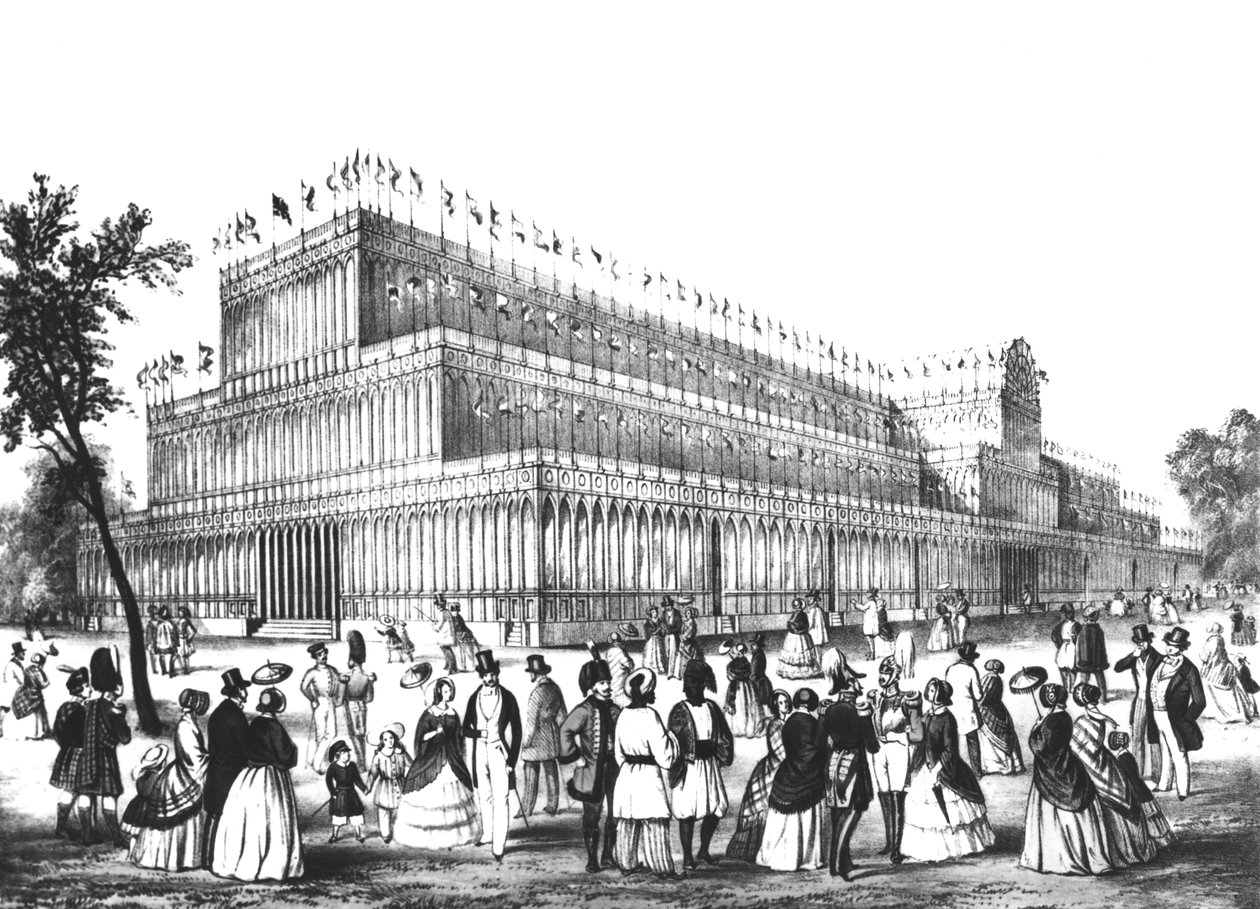 Udsigt over det ydre af Crystal Palace, bygget til den store udstilling i 1851 af English School