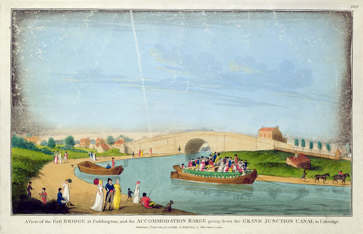 Udsigt over First Bridge, Paddington og Accommodation Pram, der går ned ad Grand Junction Canal til Uxbridge, 1801 af English School