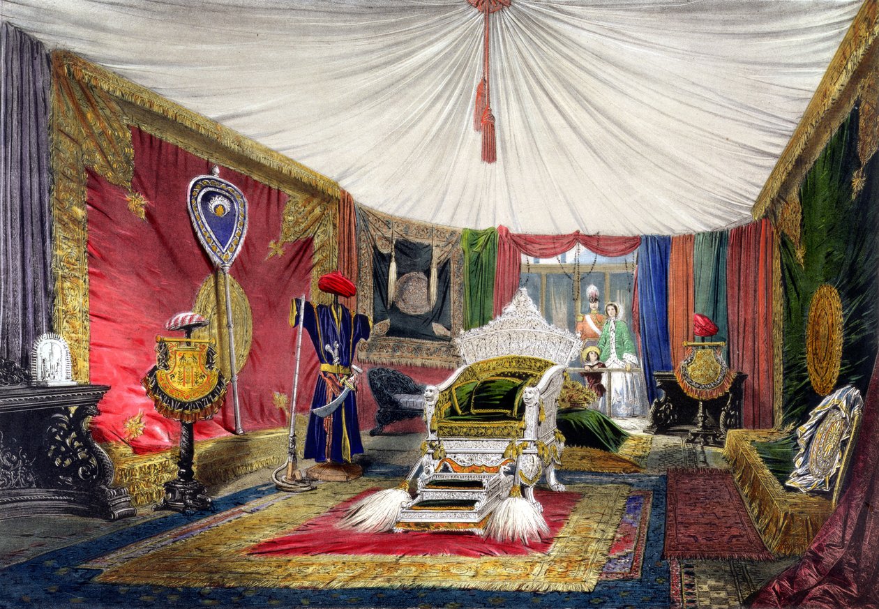 Udsigt over teltrummet og elfenbensudskåret trone, i Indien-delen af den store udstilling i 1851, fra Dickinsons Comprehensive Pictures (farvet litho) af English School