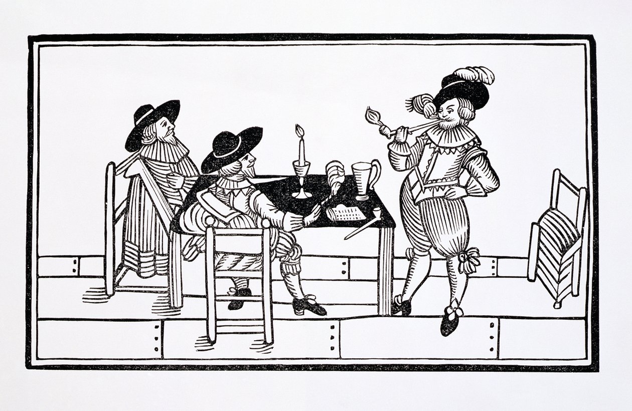 Vindyrkere i et Tudor-ølhus, fra et broadsheet Health to All, 1642 af English School