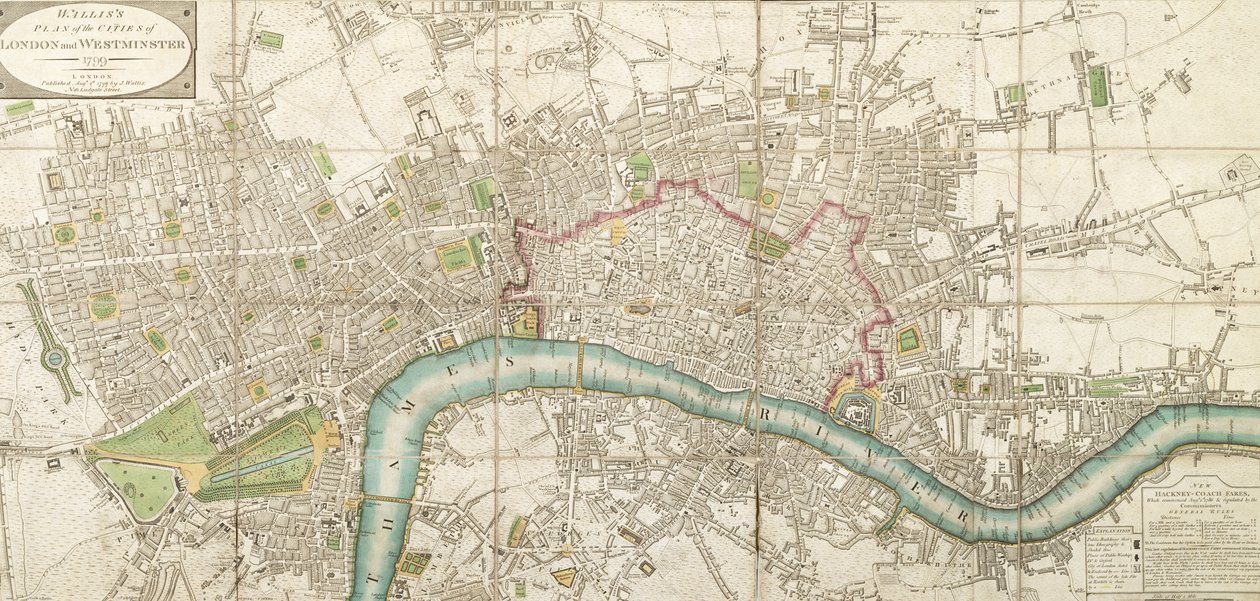 Walliss foldet kort over City of London og Westminster, 1799 af English School