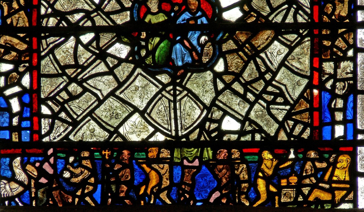 Vindue w40, der viser et kantpanel med Abens begravelse (farvet glas) af English School
