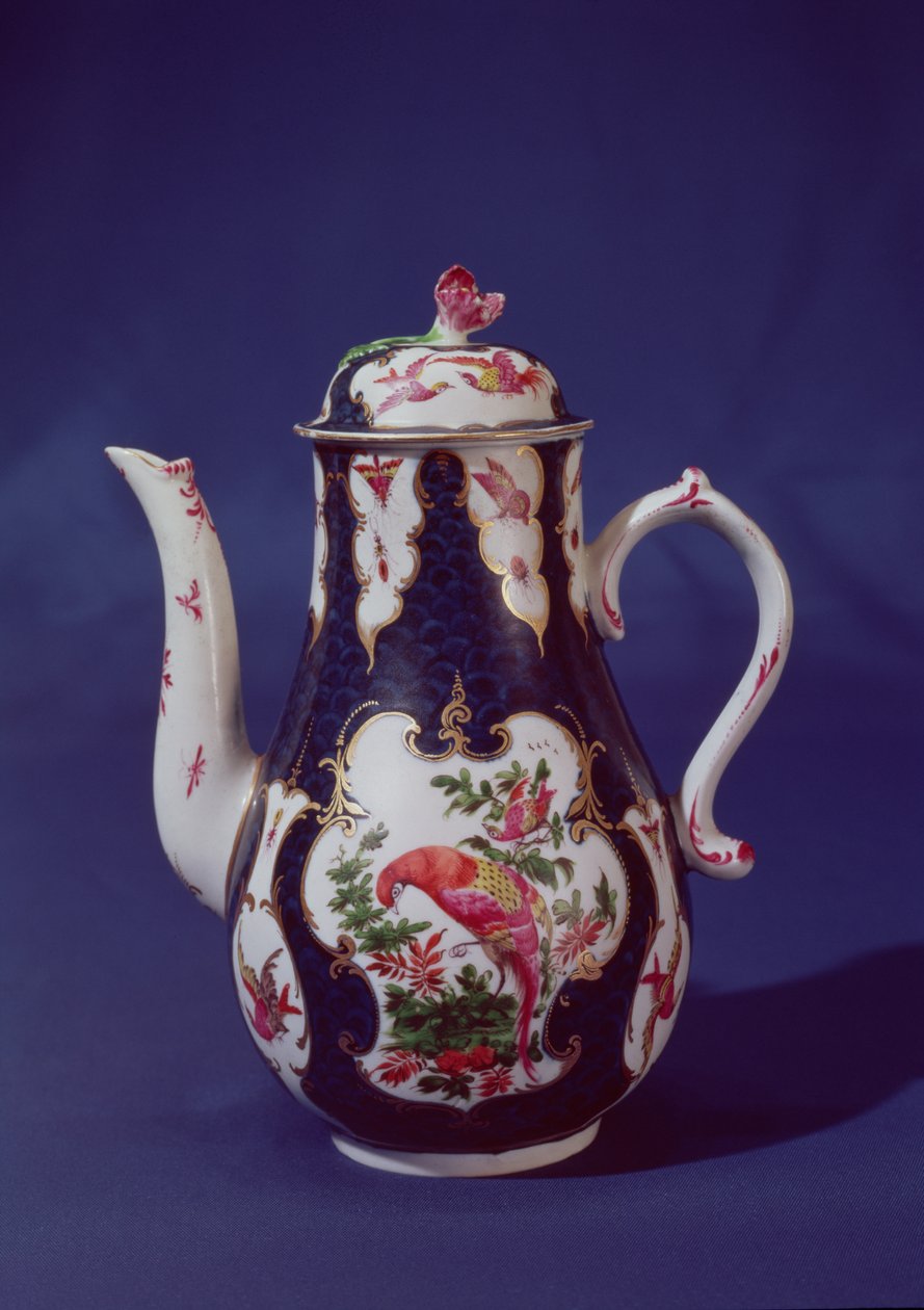 Worcester kaffekande, dekoreret med paradisfugle, ca. 1750 (porcelæn) af English School