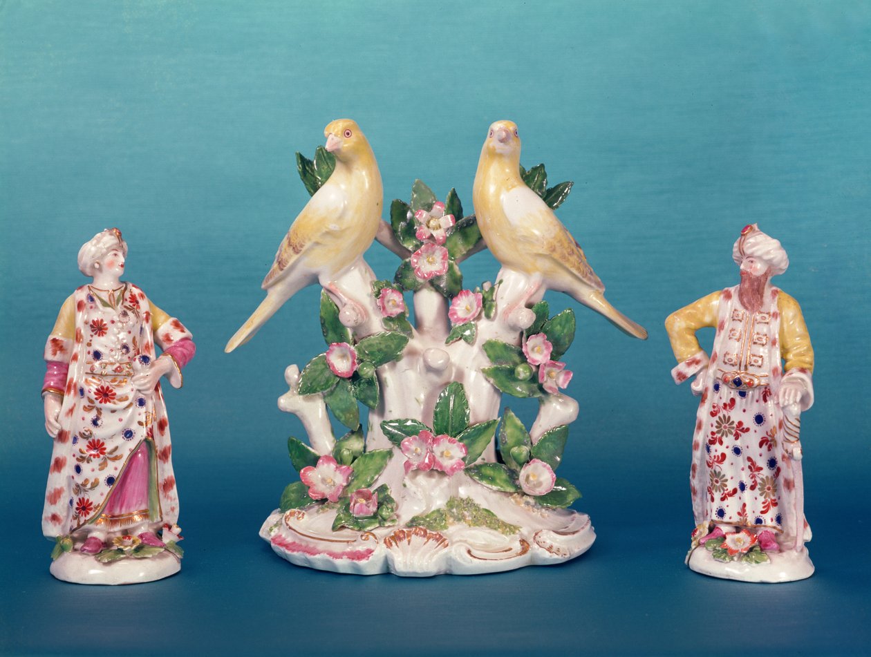 Worcester-figurer af en tyrker og hans ledsager med fugle, Dr. Wall-perioden, ca. 1770 (porcelæn) af English School
