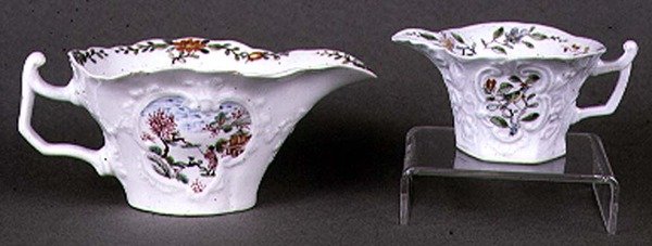 Worcester formet oval saucekande og flødekande, emaljepolykrom dekoration, ca.1750-55 (keramik) af English School