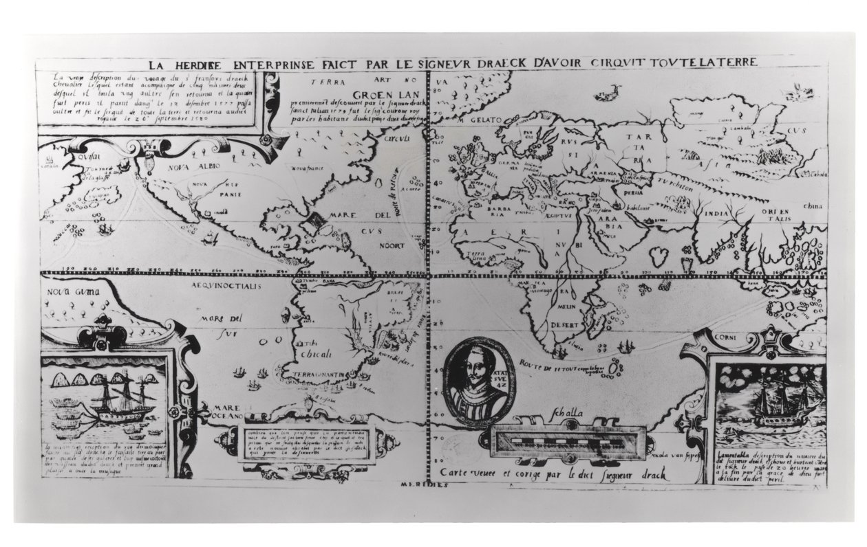 Verdenskort med detaljerede ekspeditioner og globale omsejling af Sir Francis Drake (ca. 1540-96) 1577-2580 af English School