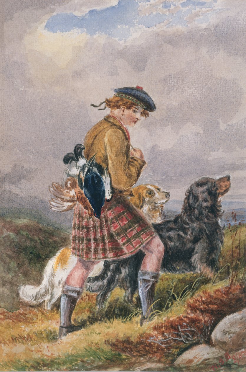 Ung skotsk vildtholder med dødt vildt, ca. 1865 (wc på papir) af English School