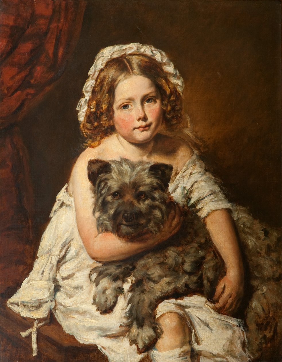 Ung pige med sin hund (olie) af English School
