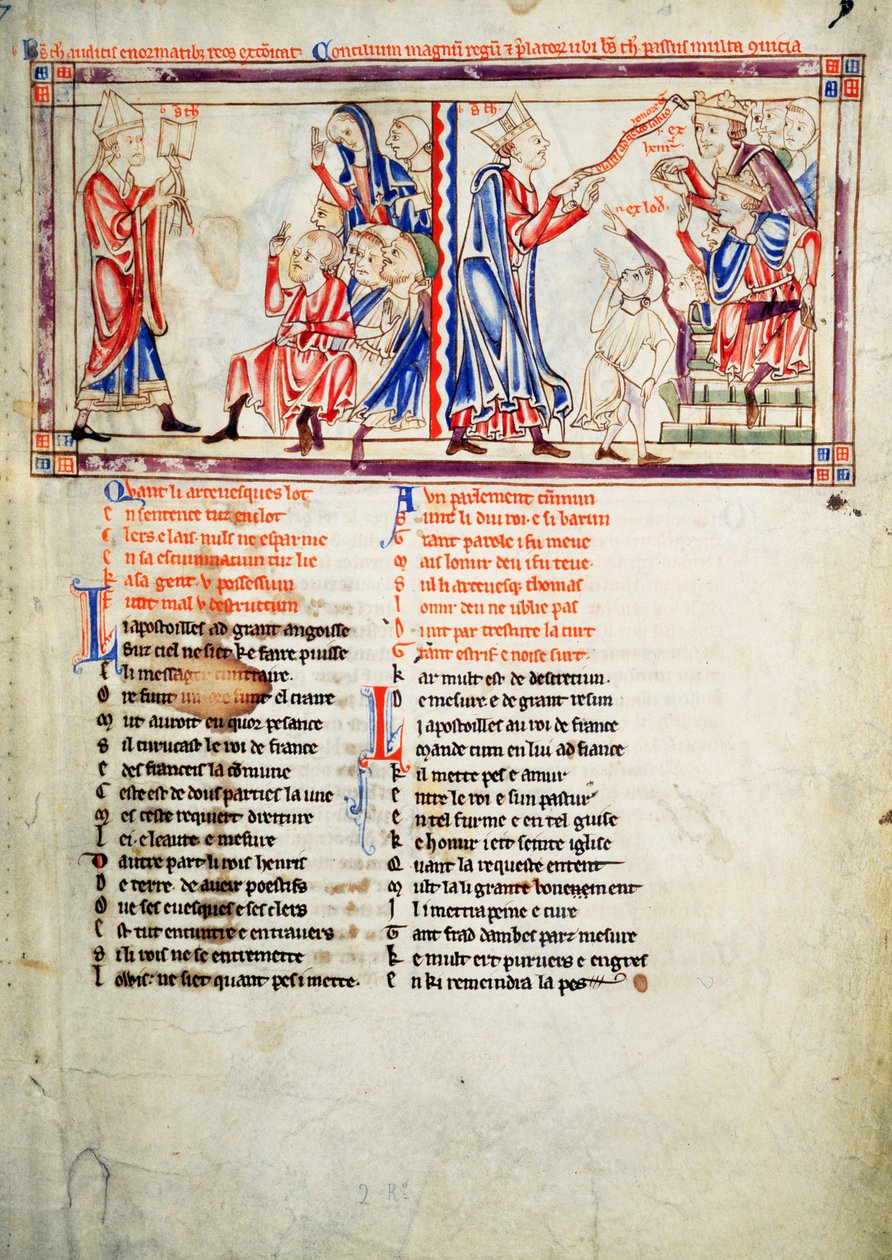 f.2 LtoR Thomas a Becket afsiger dommen om ekskommunikation over sine fjender og argumenterer for sin sag for kong Henrik II af England og kong Louis VII af Frankrig fra Becket Leaves, ca. 1220-40 af English School
