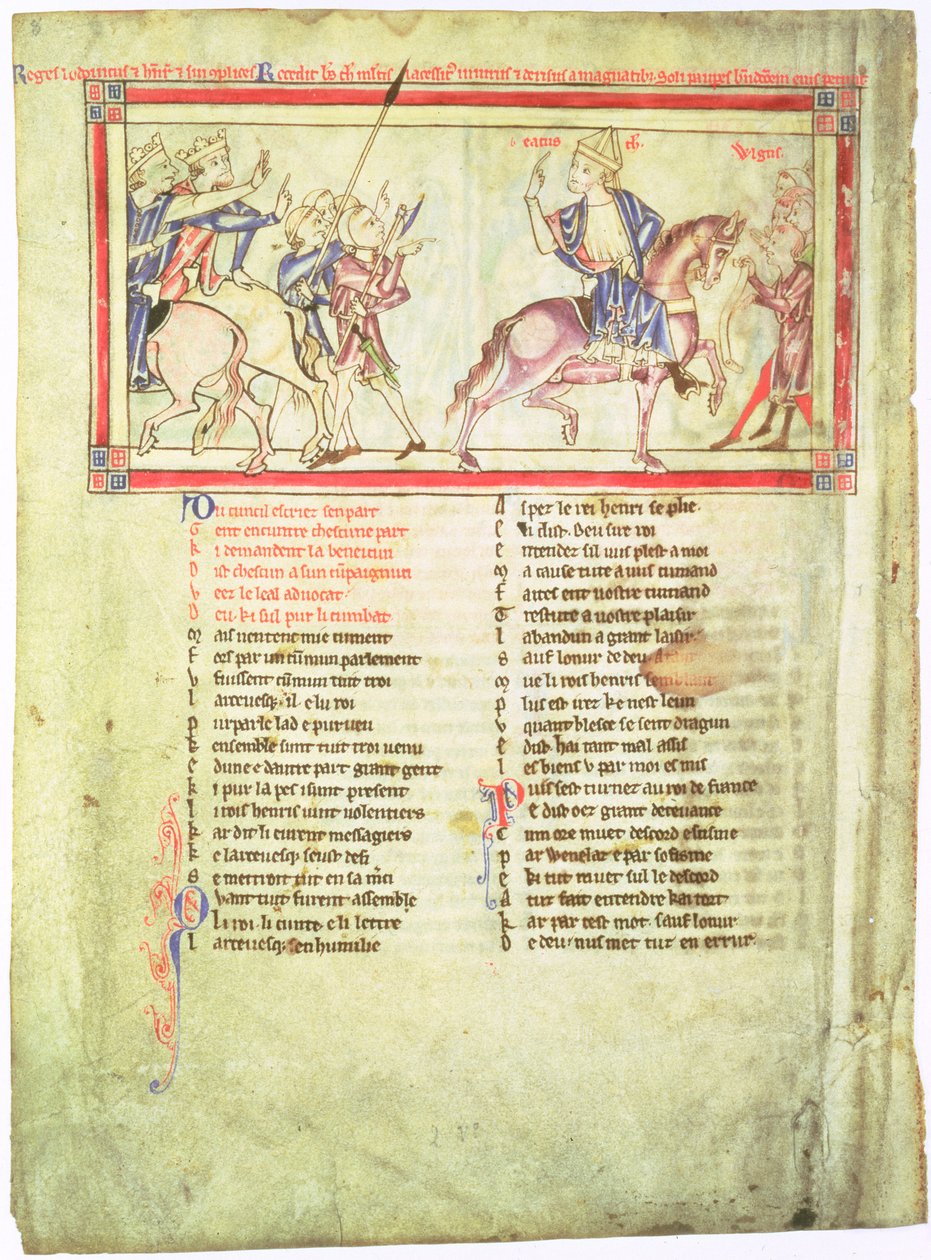 f.2v Thomas a Becket afgår fra kong Henrik II af England og Ludvig VII af Frankrig, efter sammenbruddet af forhandlingerne ved Montmirail og slutter sig til det almindelige folk, fra Becket Leaves, c.1220-40 af English School