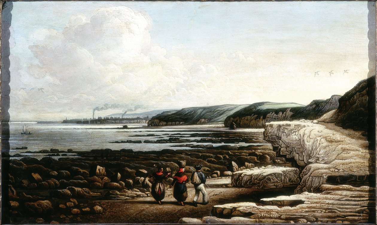 Coast Scene, Cullercoats (olie og blyant på kort) af English School English School