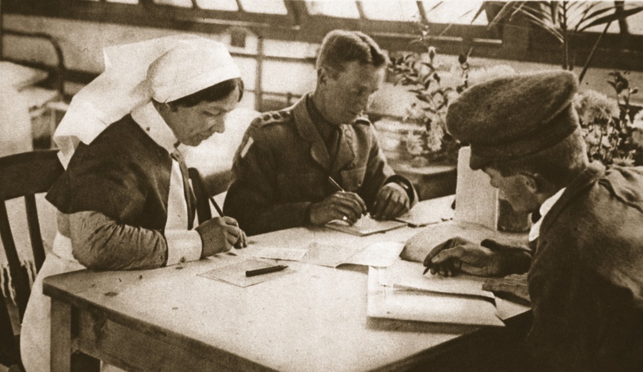 Australiere og værnepligt: Hvordan den australske stemme bliver taget på et hospital i London, illustration fra The Illustrated War News, 25. oktober 1916 (sepiafoto) af English Photographer